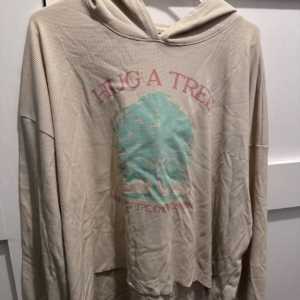 Cream Hoodie with Tree Graphic